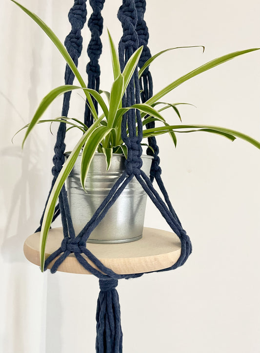 Hanging planter with wooden shelf