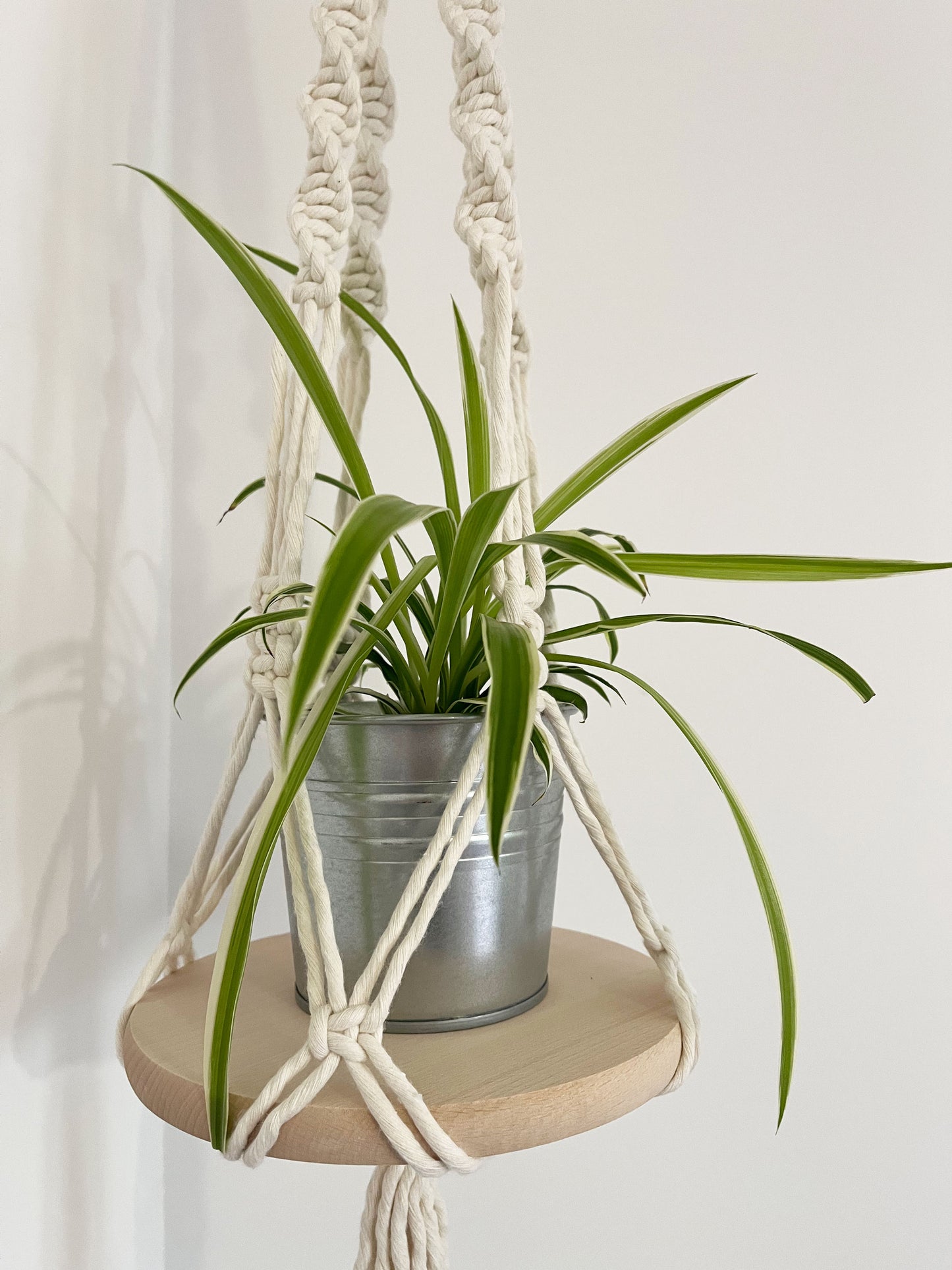 Hanging planter with wooden shelf