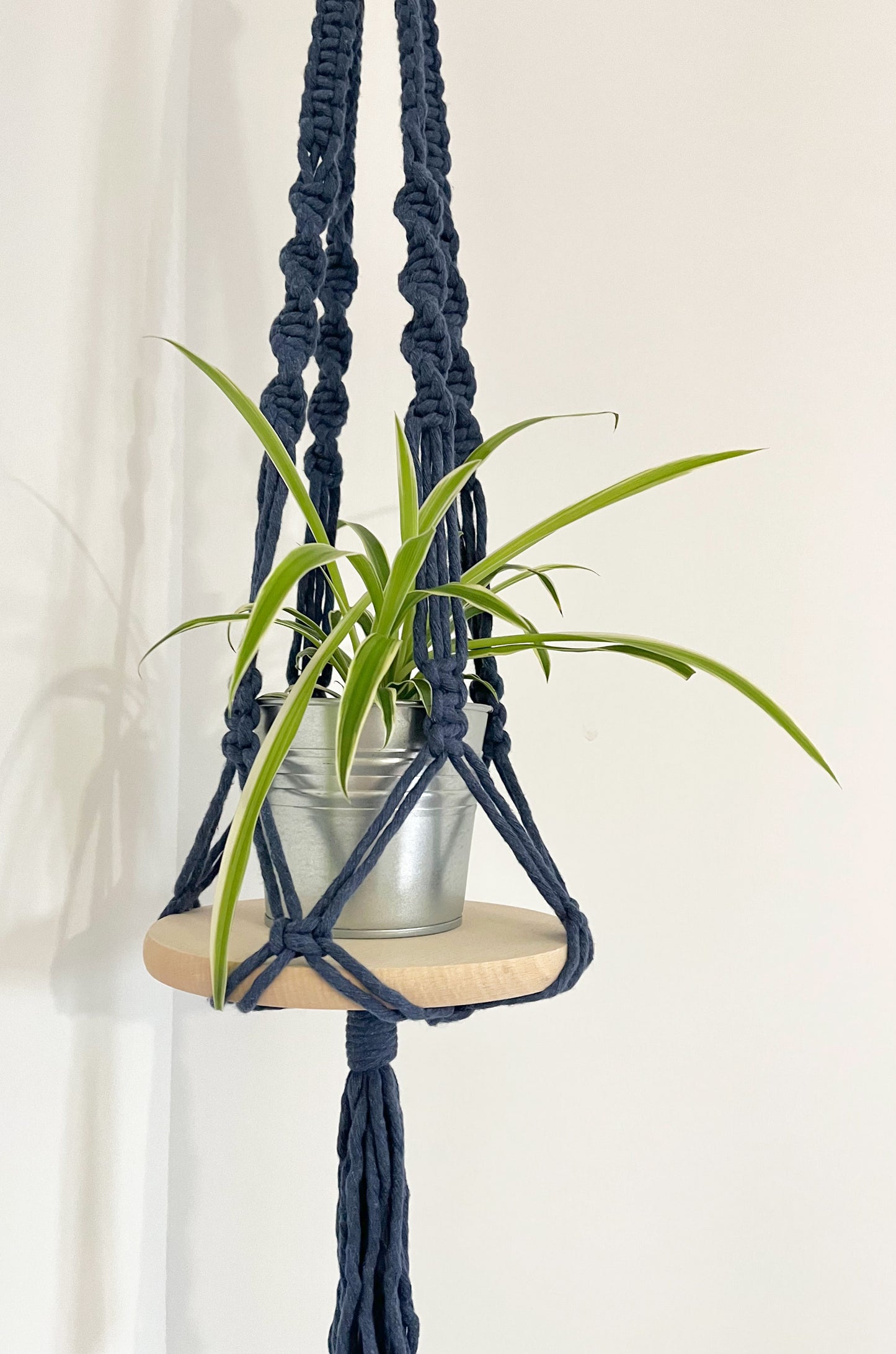 Hanging planter with wooden shelf